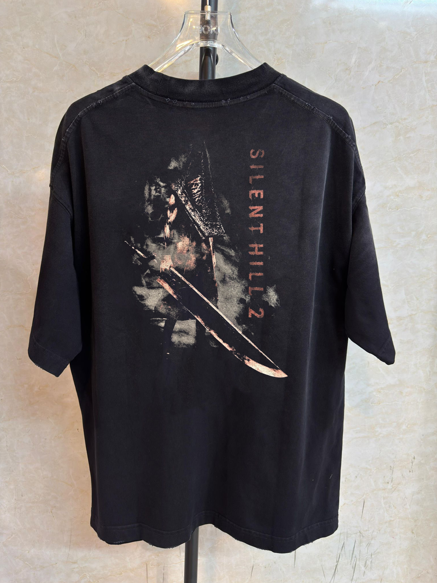 Silent Hill 2 Retro Distressed Graphic Black T-Shirt with White Ink Print, Dark Nightmares Drop Shoulder Loose Fit Cloth for Summer Outfit