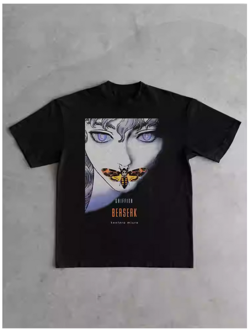 Black Berserk Griffith Anime T-Shirt Movie Design Heavy Cotton Loose Fit Tee, Manga Kentaro Miura Unisex Streetwear Cloth for Summer