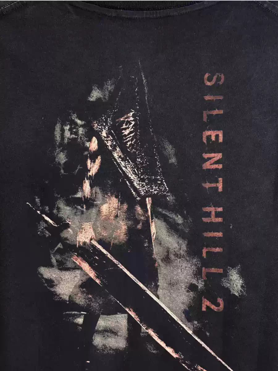 Silent Hill 2 Retro Distressed Graphic Black T-Shirt with White Ink Print, Dark Nightmares Drop Shoulder Loose Fit Cloth for Summer Outfit