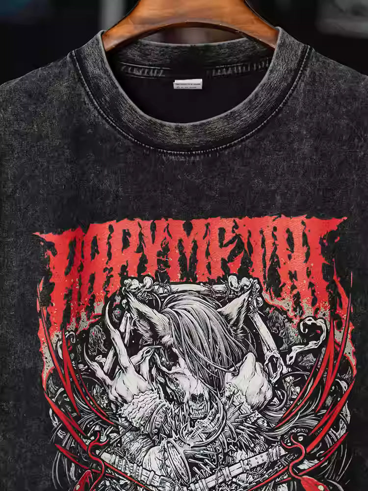 BABYMETAL Cute Heavy Metal Washed Distressed Men's Black t-shit with skeleton Fox print, Short-Sleeve Loose Pure Cotton T-Shirt Perfect gift for Him