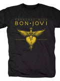 Bon Jovi Rock Black T-Shirt with Gold Heart Print, Logo Bon Jovi Print Heavy Metal Music Festival Outfit, 100% Cotton Crew Neck, for Metal & Rock music fans