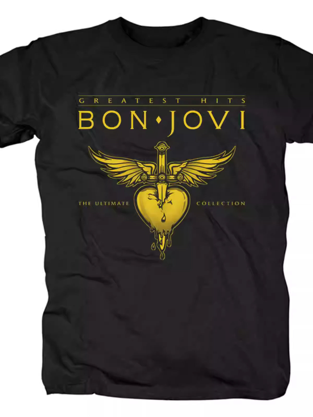 Bon Jovi Rock Black T-Shirt with Gold Heart Print, Logo Bon Jovi Print Heavy Metal Music Festival Outfit, 100% Cotton Crew Neck, for Metal & Rock music fans