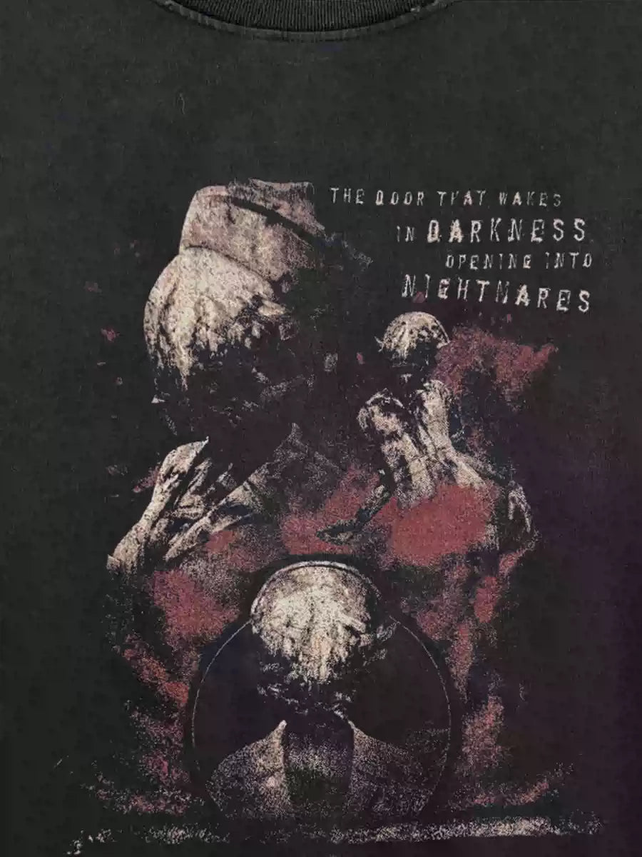 Silent Hill 2 Retro Distressed Graphic Black T-Shirt with White Ink Print, Dark Nightmares Drop Shoulder Loose Fit Cloth for Summer Outfit