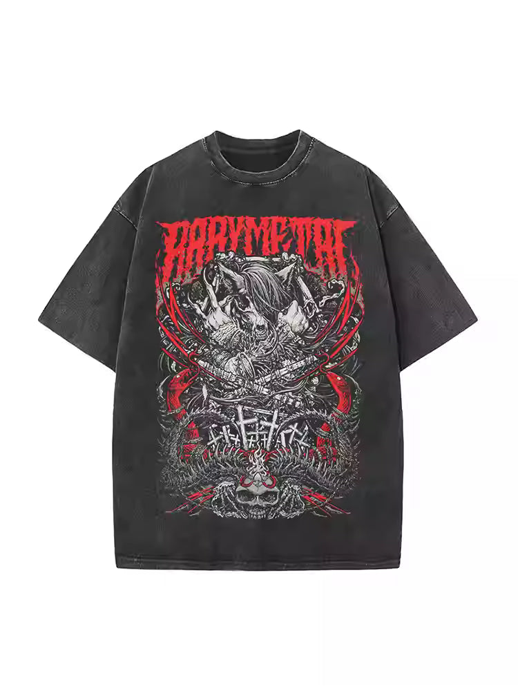 BABYMETAL Cute Heavy Metal Washed Distressed Men's Black t-shit with skeleton Fox print, Short-Sleeve Loose Pure Cotton T-Shirt Perfect gift for Him