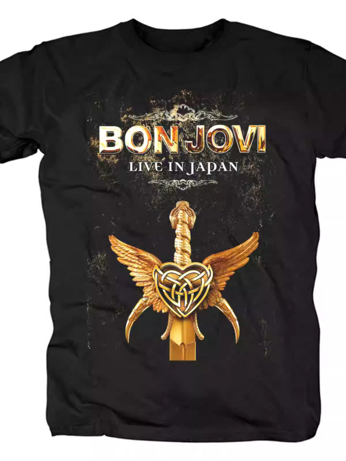 Bon Jovi Rock Black T-Shirt with Gold Heart Print, Logo Bon Jovi Print Heavy Metal Music Festival Outfit, 100% Cotton Crew Neck, for Metal & Rock music fans