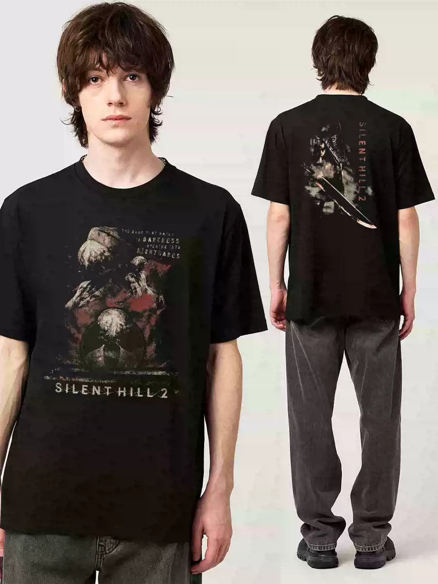 Silent Hill 2 Retro Distressed Graphic Black T-Shirt with White Ink Print, Dark Nightmares Drop Shoulder Loose Fit Cloth for Summer Outfit