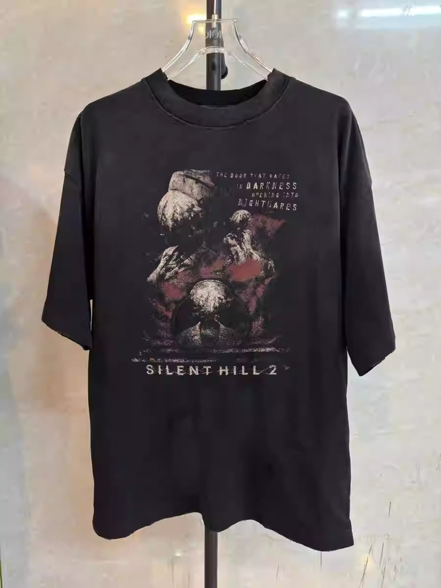 Silent Hill 2 Retro Distressed Graphic Black T-Shirt with White Ink Print, Dark Nightmares Drop Shoulder Loose Fit Cloth for Summer Outfit