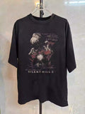 Silent Hill 2 Retro Distressed Graphic Black T-Shirt with White Ink Print, Dark Nightmares Drop Shoulder Loose Fit Cloth for Summer Outfit