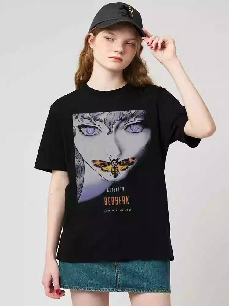 Black Berserk Griffith Anime T-Shirt Movie Design Heavy Cotton Loose Fit Tee, Manga Kentaro Miura Unisex Streetwear Cloth for Summer